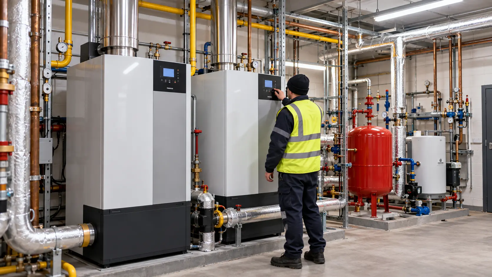 commercial boilers being serviced by a heating engineer