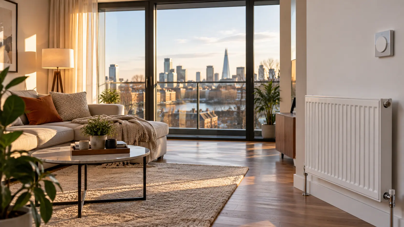 inside a modern flat looking out over a city skyline