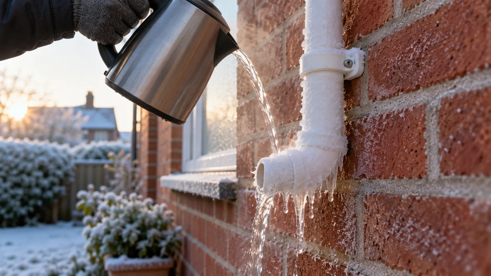 Frosted white plastic boiler condensate pipe on the outside brick wall of a house with ice at the open end