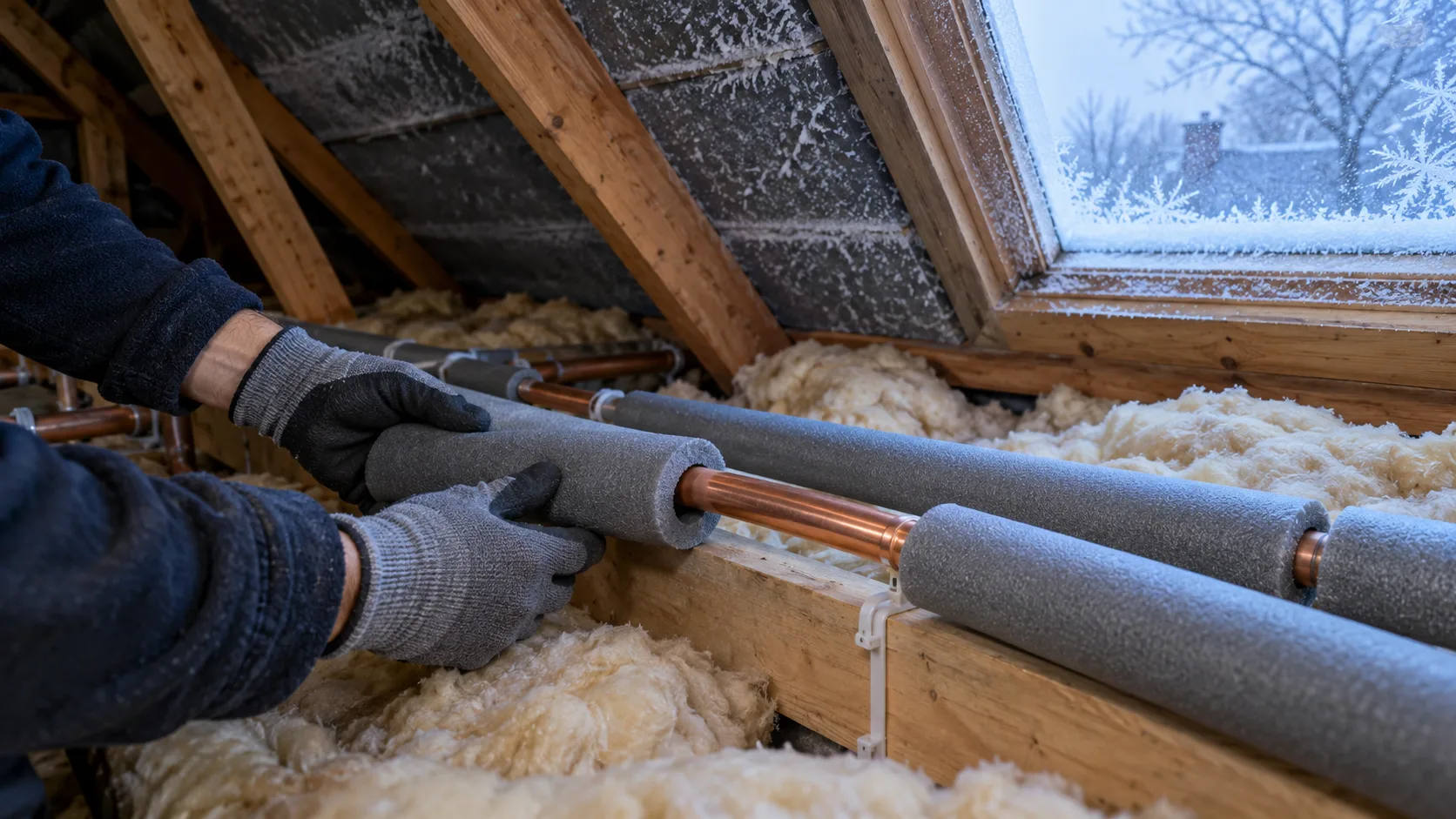 Copper water pipes in a UK loft being wrapped in grey foam pipe lagging to stop them freezing in winter