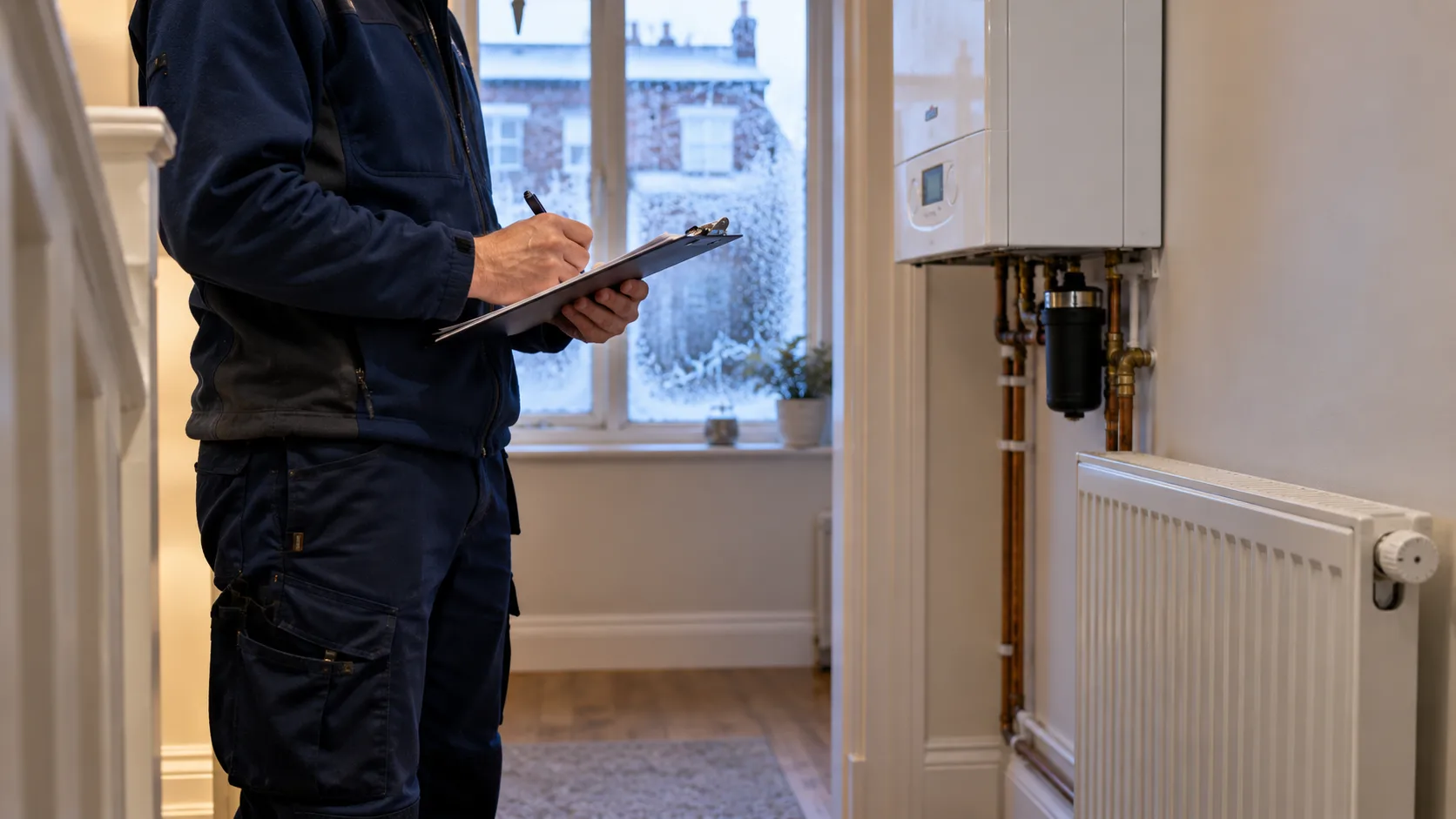 Heating engineer with a clipboard inspecting the radiator and wall-mounted boiler in the hallway of a rented flat in winter