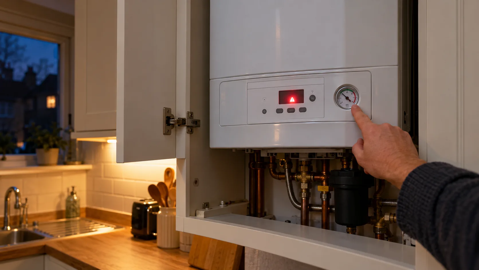 Homeowner checking the pressure gauge on a combi boiler in a kitchen cupboard with a red fault warning showing on the display