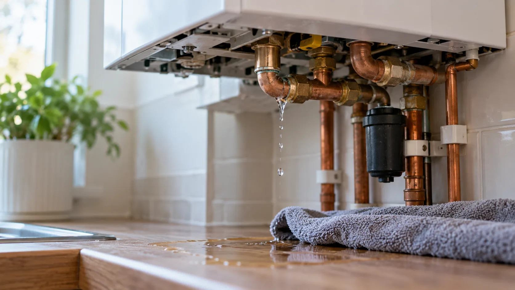 Water dripping from a copper pipe joint under a wall-mounted boiler onto a kitchen worktop with a towel catching the leak