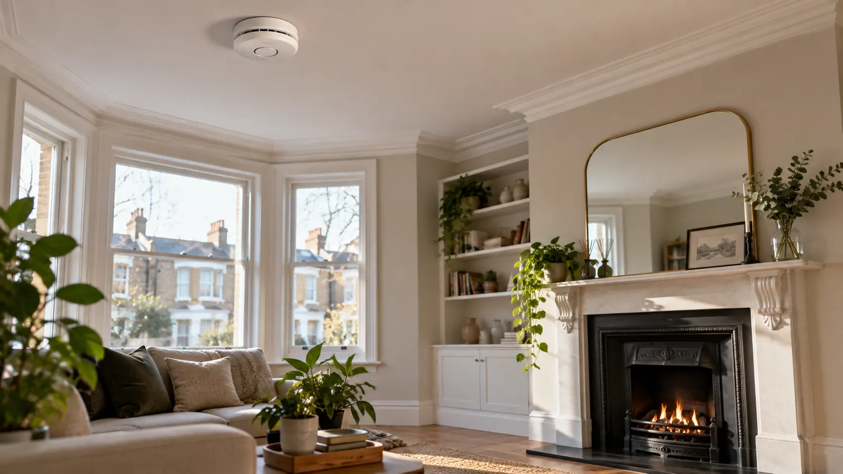 modern living room with a CO alarm on the ceiling